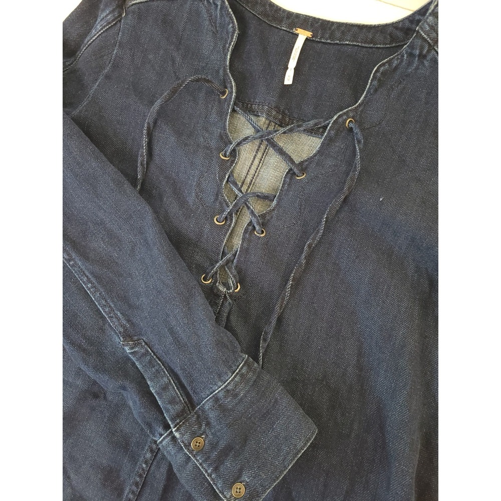 Free People Dark Blue Lace-Up Long Sleeve Dress
